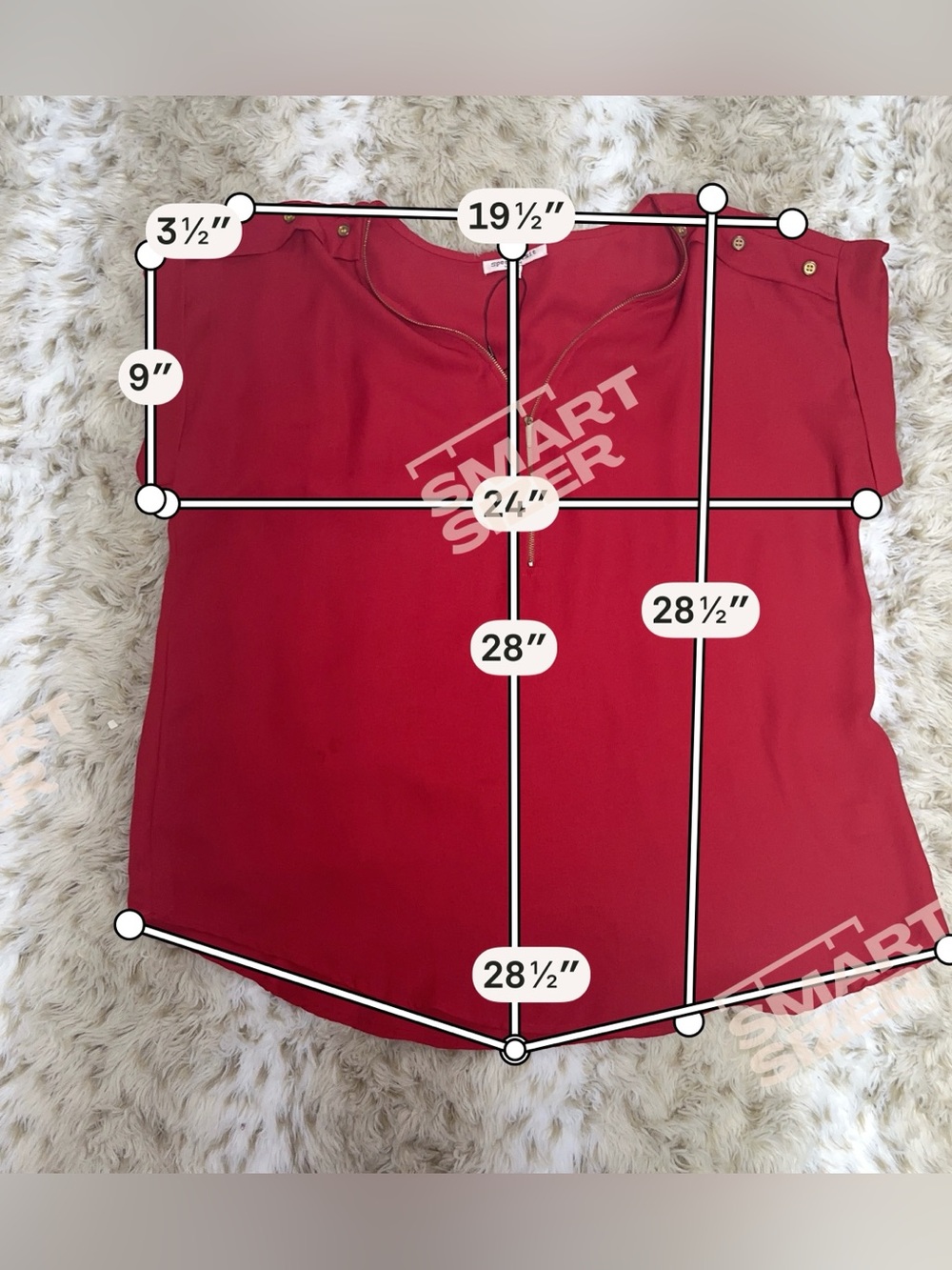 Plus-Size Red Zip Front Short Sleeve Blouse with Shoulder Button Detail - Picture 5 of 5